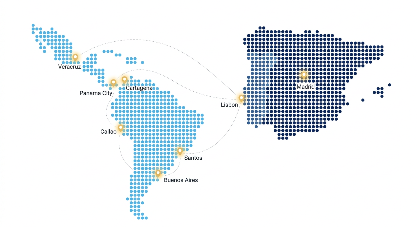 Mapa de España, Portugal y América Latina con puertos conectados, representando la cobertura de LexMar